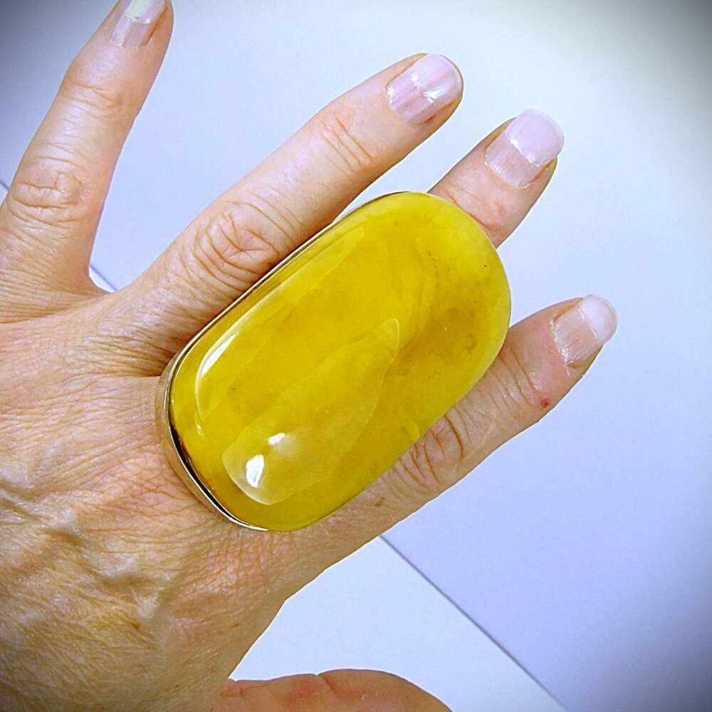 Massive Butterscotch Amber 925 Silver Adjustable Ring - Collectible Jewelry - Picture 7 of 16